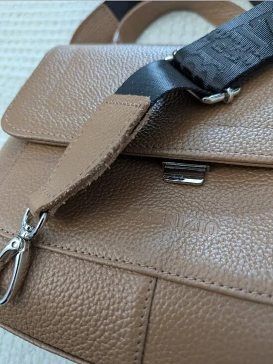 Genuine Leather Sand Structured Satchel Bag Top Handle Crossbody - Picture 4 of 13